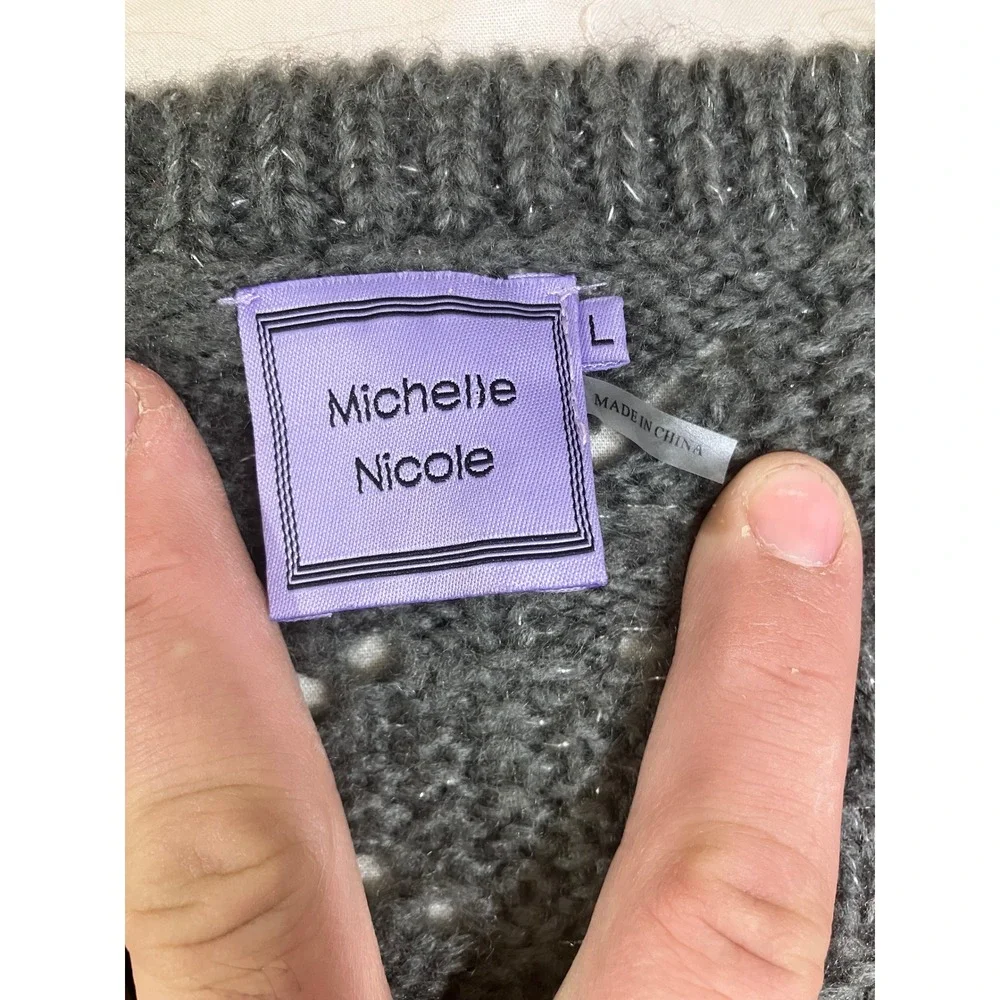 Michelle Nicole Gray‎ Wool Blend Pointelle Knit Open Front Duster Cardigan Large